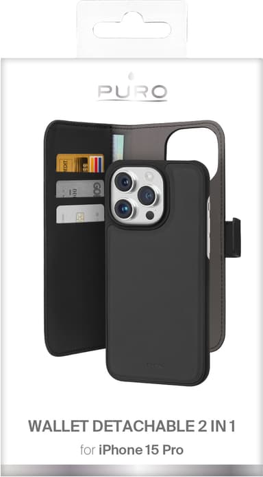 Puro 2in1 iPhone 15 Pro plånboksfodral (svart)