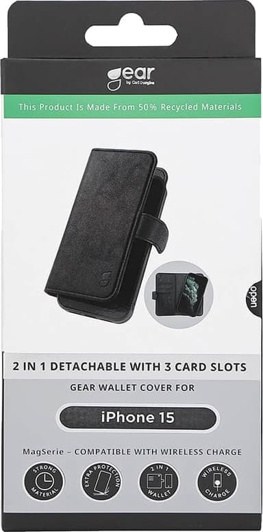 Gear 2in1 iPhone 15 3 plånboksfodral (svart)