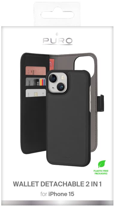 Puro 2-i-1 plånboksfodral till iPhone 15 (svart)