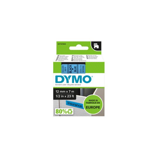 DYMO D1 märktejp standard 12mm, svart på blått, 7m rulle (45016)