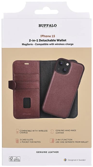 Buffalo iPhone 15 2-i-1 Leather MagSeries plånboksfodral (brunt)