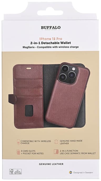 Buffalo iPhone 15 Pro 2-i-1 Leather MagSeries plånboksfodral (brunt)