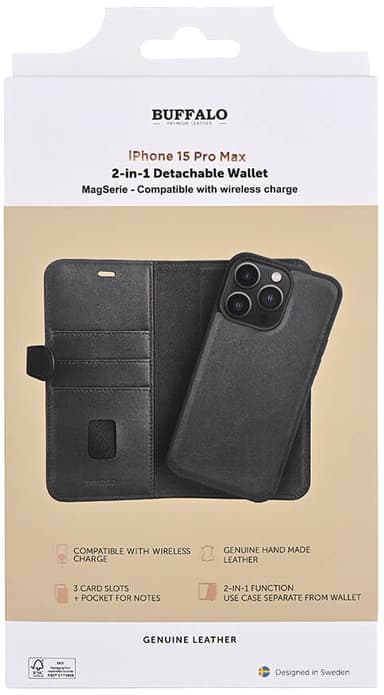 Buffalo iPhone 15 Pro Max 2-i-1 Leather MagSeries plånboksfodral (svart)