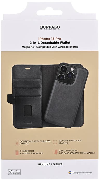 Buffalo iPhone 15 Pro 2-i-1 Leather MagSeries plånboksfodral (svart)