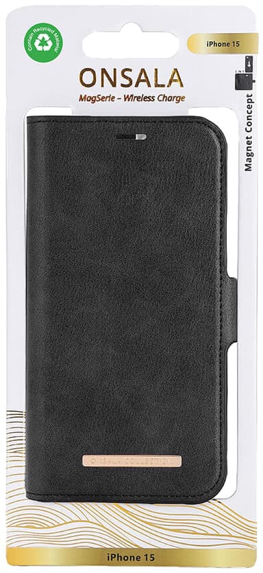 Onsala iPhone 15 Eco Magnetic plånboksfodral (svart)