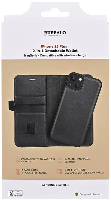 Buffalo iPhone 15 Plus 2-i-1 Leather MagSeries plånboksfodral (svart)
