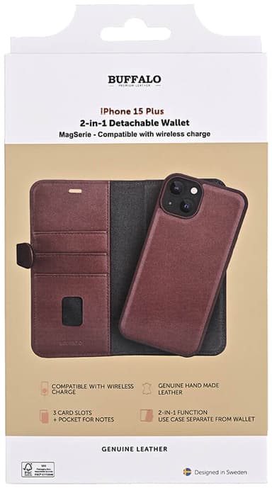 Buffalo iPhone 15 Plus 2-i-1 Leather MagSeries plånboksfodral (brunt)