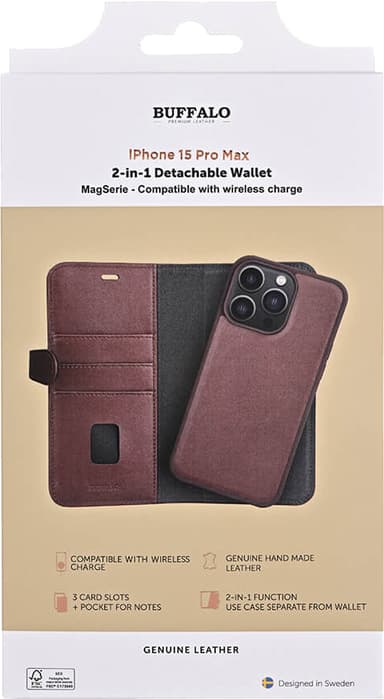 Buffalo iPhone 15 Pro Max 2-i-1 Leather MagSeries plånboksfodral (brunt)