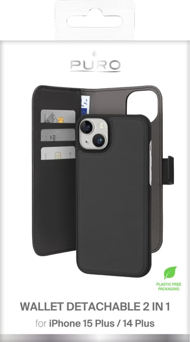 Puro 2in1 iPhone 15 Plus plånboksfodral (svart)
