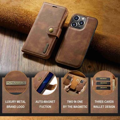 DG MING iPhone 15 Pro Max 2-i-1 Magnet Plånboksfodral - Brun