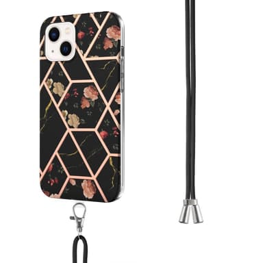 SKALO iPhone 15 Marmor Mobilhalsband Skal - Svart-Gul