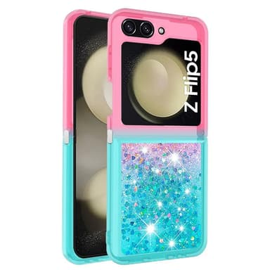 SKALO Samsung Z Flip5 Kvicksand Glitter Hjärtan TPU-skal - Rosa-Turkos