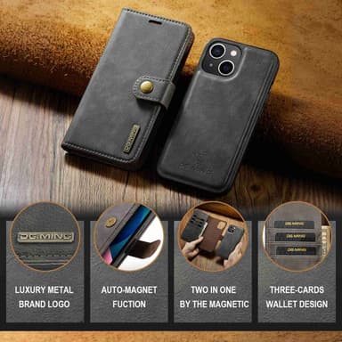 DG MING iPhone 15 2-i-1 Magnet Plånboksfodral - Grå