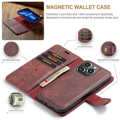 DG MING iPhone 15 Pro Max 2-i-1 Magnet Plånboksfodral - Röd
