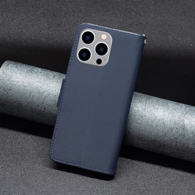 SKALO iPhone 15 Pro Max Litchi Plånboksfodral - Mörkblå