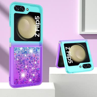 SKALO Samsung Z Flip5 Kvicksand Glitter Hjärtan TPU-skal - Turkos-Lila