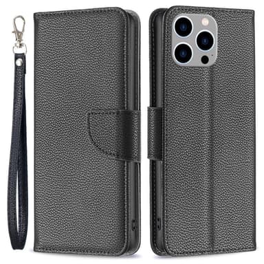 SKALO iPhone 15 Pro Max Litchi Plånboksfodral - Svart
