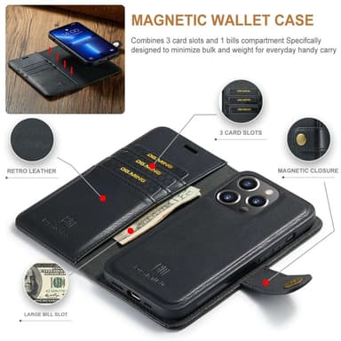 DG MING iPhone 15 Pro Max 2-i-1 Magnet Plånboksfodral - Svart