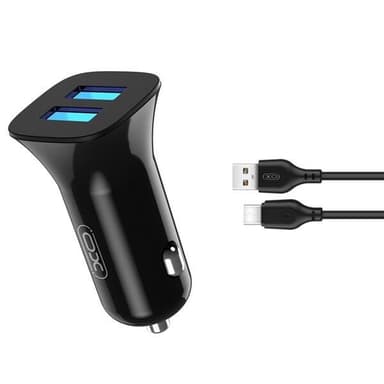 XO billaddare med 2x USB 2,4A & USB-C kabel - svart