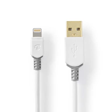 Nedis Lightning Kabel | USB 2.0 | Apple Lightning, 8-stifts | USB-A Hane | 480 Mbps | Guldplaterad | 1.00 m | Rund | PVC | Grå / Vit | Kartong med fönster