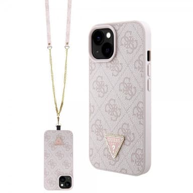 Guess iPhone 15 Skal Metal Logo Strass Crossbody Strap Rosa