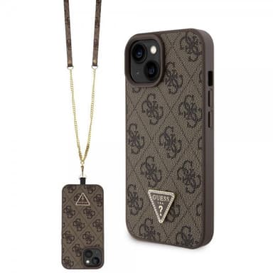 Guess iPhone 15 Skal Metal Logo Strass Crossbody Strap Brun