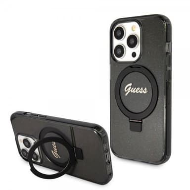 Guess iPhone 15 Pro Skal Ring Stand Glitter MagSafe Svart