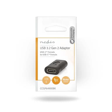 Nedis USB-C™ Adapter | USB 3.2 Gen 2 | USB-C™ Hona | USB-C™ Hona | 4K@60Hz | 10 Gbps | Rund | Nickelplaterad | Svart | Kuvert