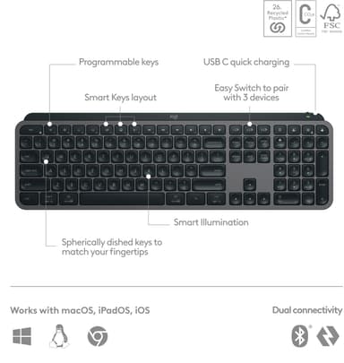Logitech MX Keys S trådlöst tangentbord med handledsstöd (grafit)