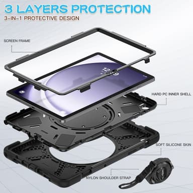 SKALO Samsung Tab A9+ Extra Stöttåligt Armor Ring Skal med Axelrem - Svart