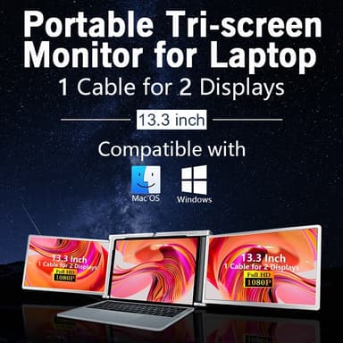 NÖRDIC Dubbla bärbara 13.3"" skärmar med teleskopstativ för bärbar dator 13""-17"", FHD 1080P, Mac/Windows, USB-C och USB-A-anslutning