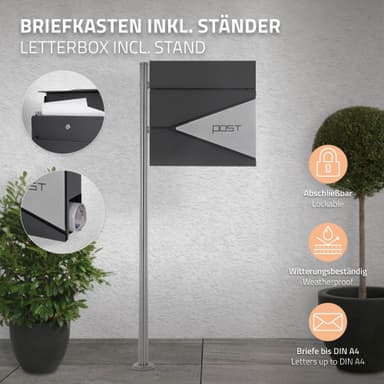 ECD-Germany brevlåda på stativ, 37x37x11 cm, antracit-silver