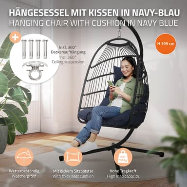 ECD Germany Hängstol med stativ, med dynor och överdrag, mörkblå