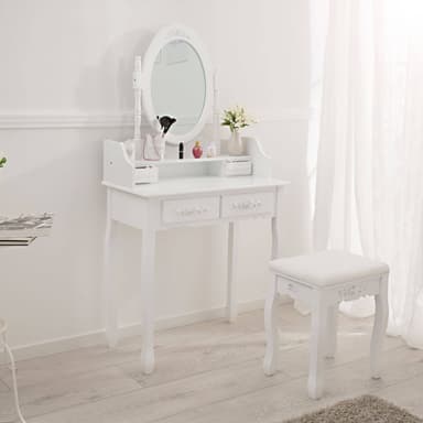 tectake Sminkbord med 4 lådor + spegel + pall - vit