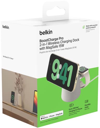 Belkin BoostCharge Pro 2in1 MagSafe 15W trådlös laddare (sand)