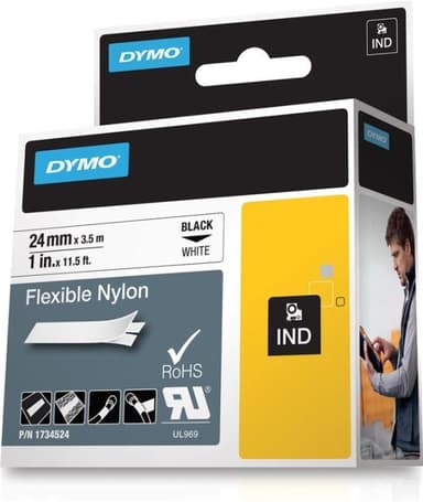 DYMO RhinoPRO märktejp flex nylon 24mm, svart på vitt, 3,5m (1734524)