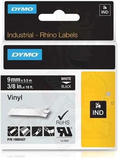 DYMO RhinoPRO 9mm vinyltejp, vit på svart, 5.5m rulle (1805437)