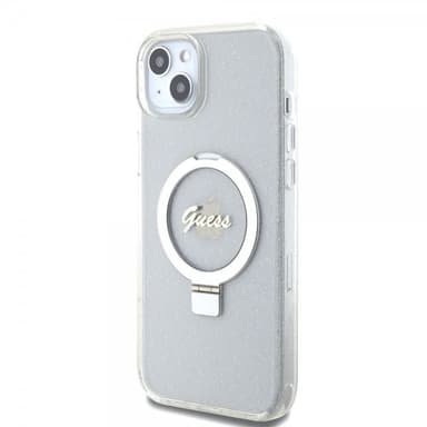 Guess iPhone 15 Plus Skal Ring Stand Glitter MagSafe Transparent