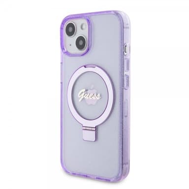 Guess iPhone 15 Skal Ring Stand Glitter MagSafe Lila