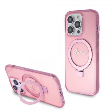 Guess iPhone 15 Pro Skal Ring Stand Glitter MagSafe Rosa