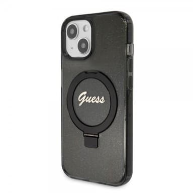 Guess iPhone 15 Skal Ring Stand Glitter MagSafe Svart