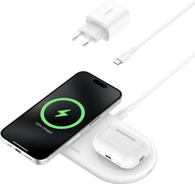 Belkin BoostCharge Pro 2in1 Magnetic Qi2 trådlös laddare (vit)