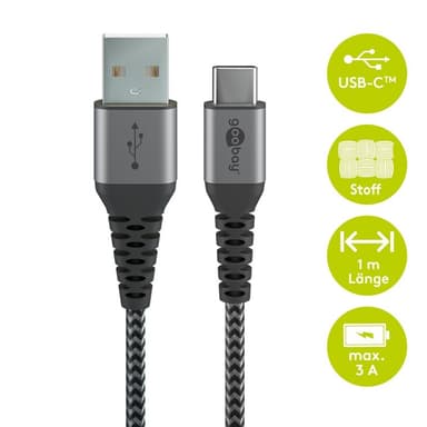 USB-C™ till USB-A textilkabel med metallkontakter 1 m