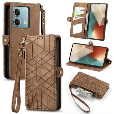 SKALO Xiaomi Redmi Note 13 5G Embossed Plånboksfodral i PU-Läder med Dragkedja - Brun