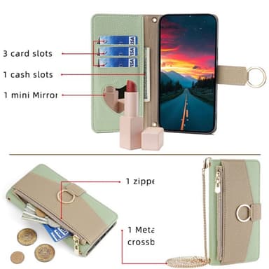 SKALO Samsung A25 5G Litchi Makeup Mirror Plånbok/handväska - Grön