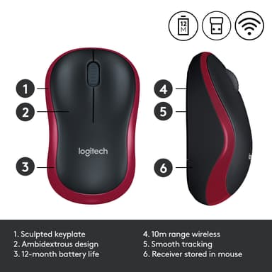 Logitech Trådlös Mus M185 (röd)