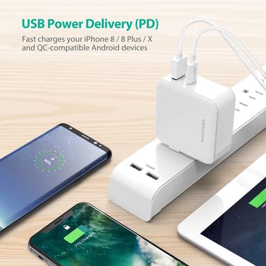 RAVPower 2-port 45W USB-C PD og QC 3.0 USB-A väggladdere, Vit