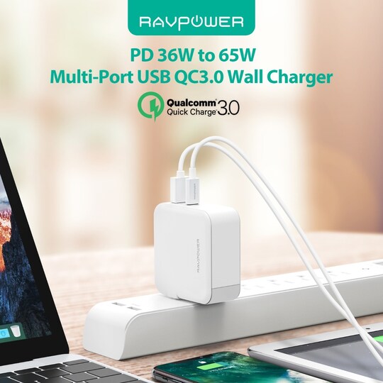 RAVPower 2-port 45W USB-C PD og QC 3.0 USB-A väggladdere, Vit