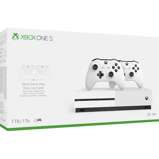 Xbox One S 1 TB + bundle med två kontroller (vit)