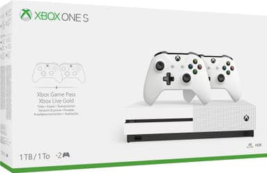 Xbox One S 1 TB + bundle med två kontroller (vit)